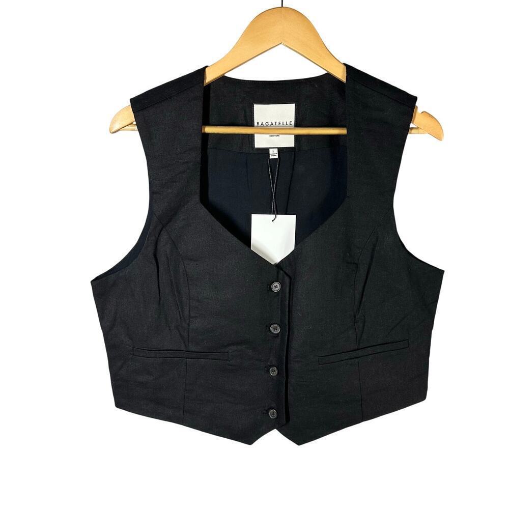 Bagatelle Portrait Neck Button Sweetheart Neckline Linen Vest Black Large